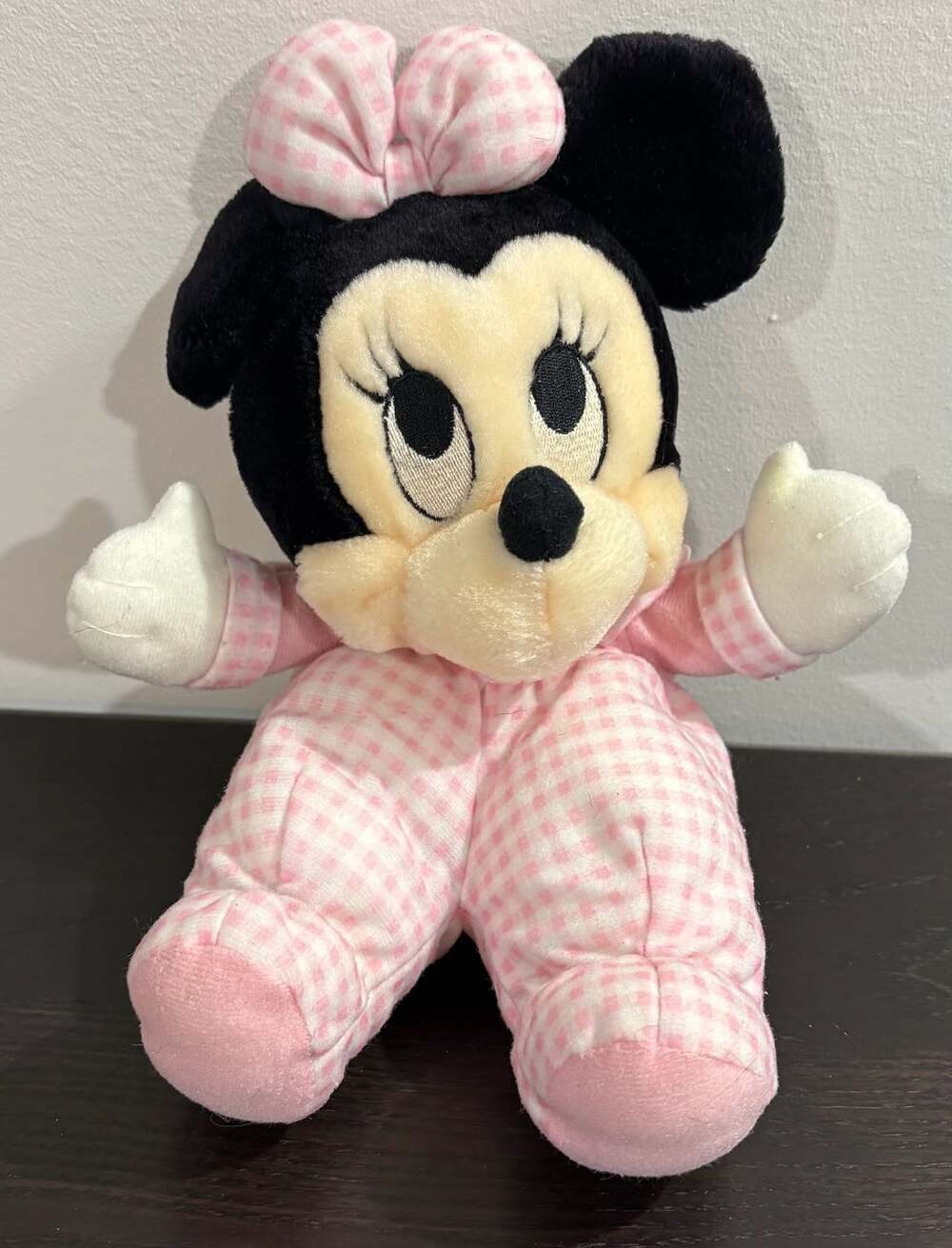 Disney Minnie Mouse Plush Pink White Gingham Overalls Stuffed Toy